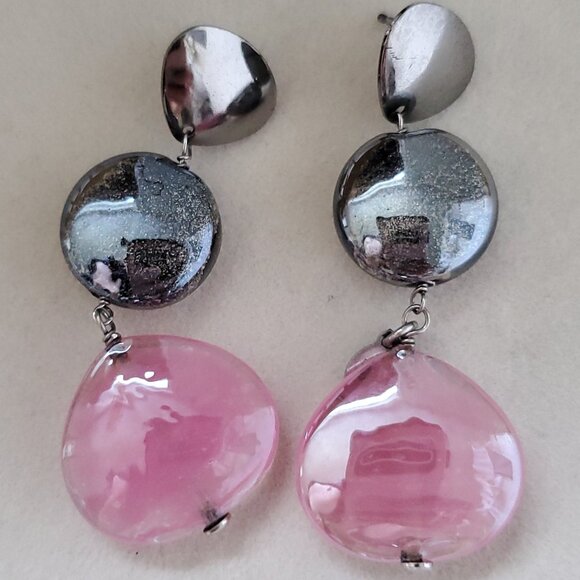 ANTICA MURRINA Murano Glass Dangly Drop Earrings Candy Pink Gunmetal Foil Silver - Picture 1 of 7